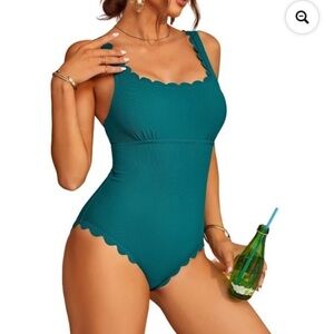 Charmo Womens Ribbed One Piece Swimsuits Scalloped Monokini NWT size S